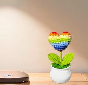 Colorful Heart-Shaped Crochet Flower in White Pot